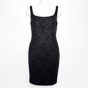 JS‎ Signature Black Brocade Jacquard Dress Size 12 Square Neck Sheath Red Accent